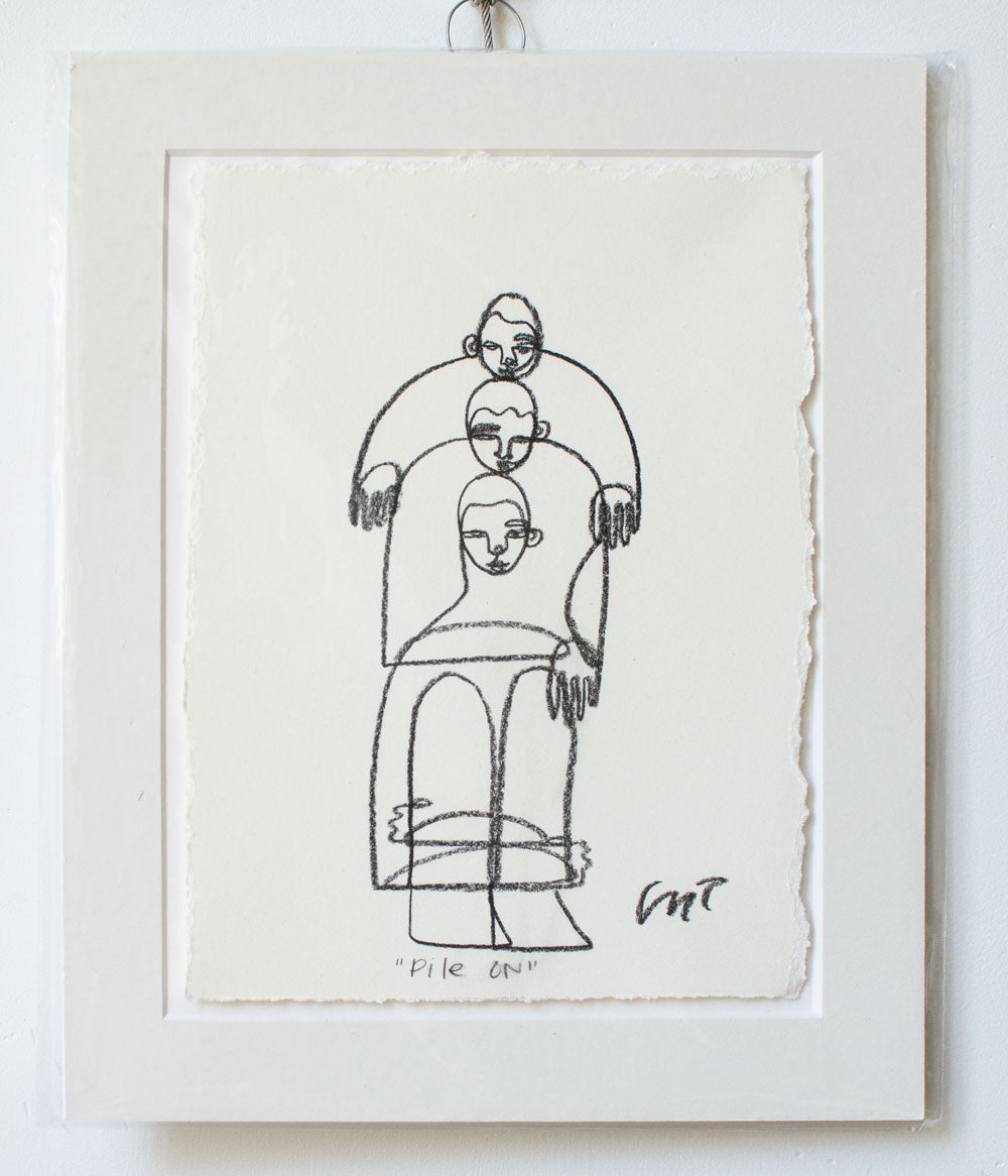 "Pile On" Line Drawing, matted
